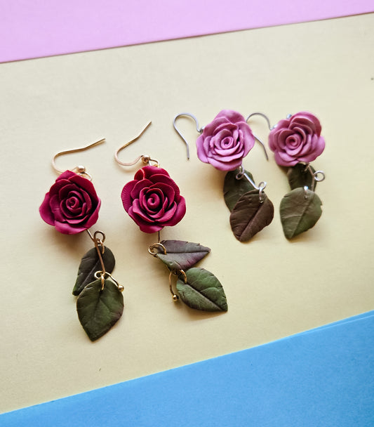 Handsculpted Rose Earrings, two colours available, red and pink