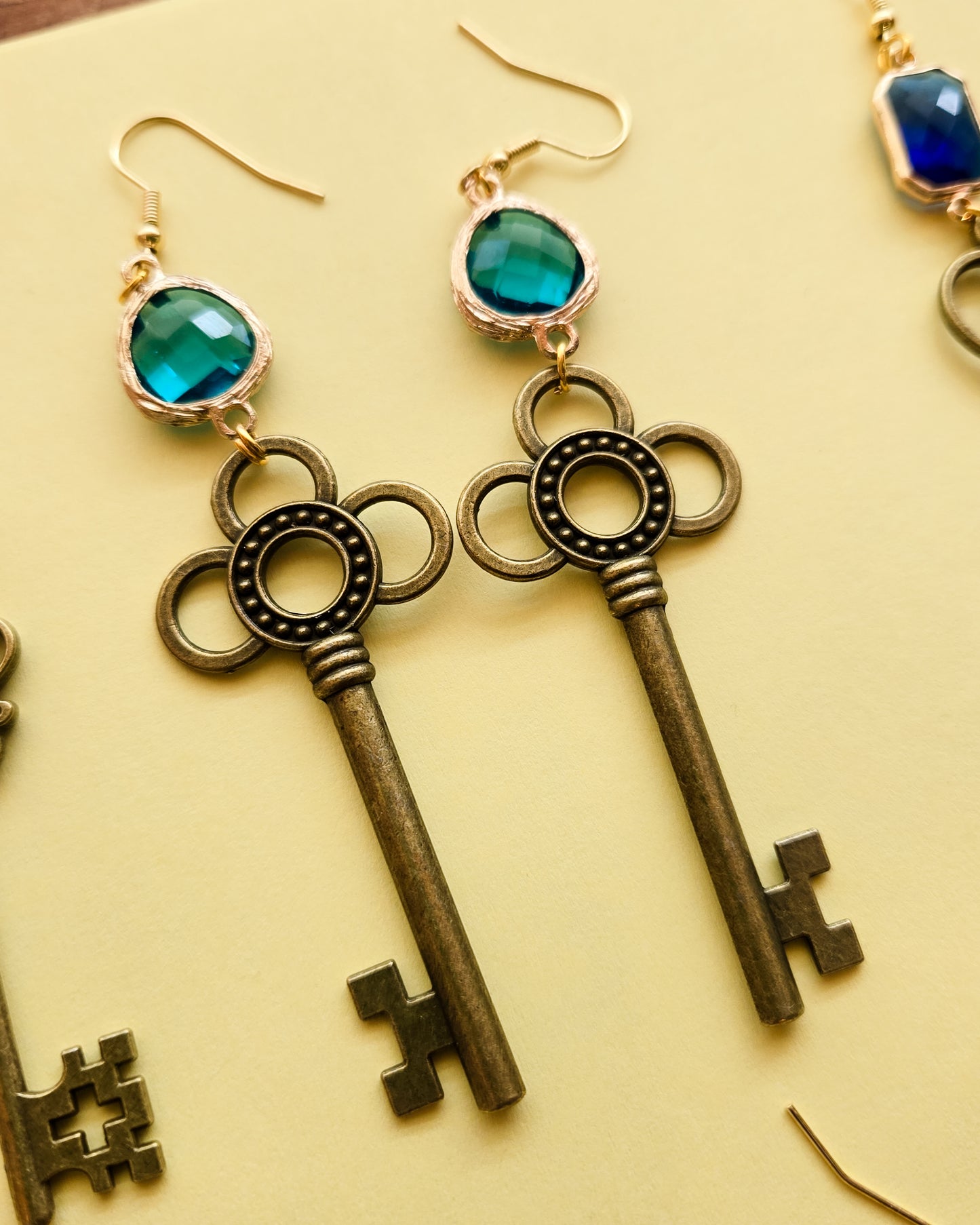 Secret Garden Key Earrings, antique bronze alloy keys, with stones and without