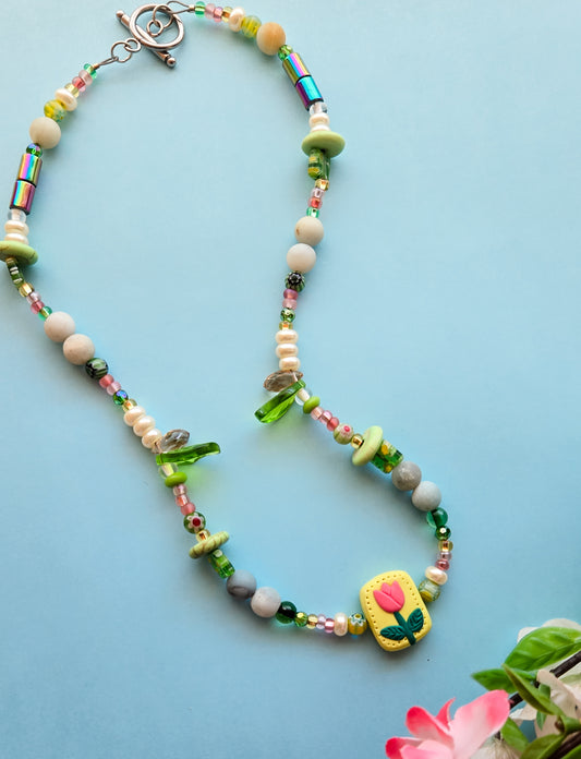 Pink and Green beaded necklace with handsculpted tulip pendant, wear it 2 ways (see pics)