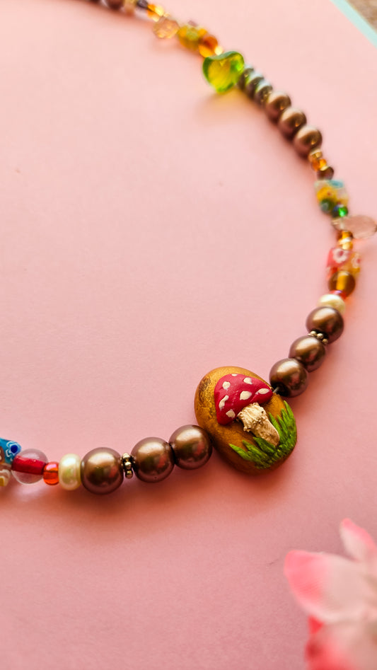 Cottagecore Beaded Necklace with handsculpted amanita muscaria pendant, wear it 2 ways (see pics)