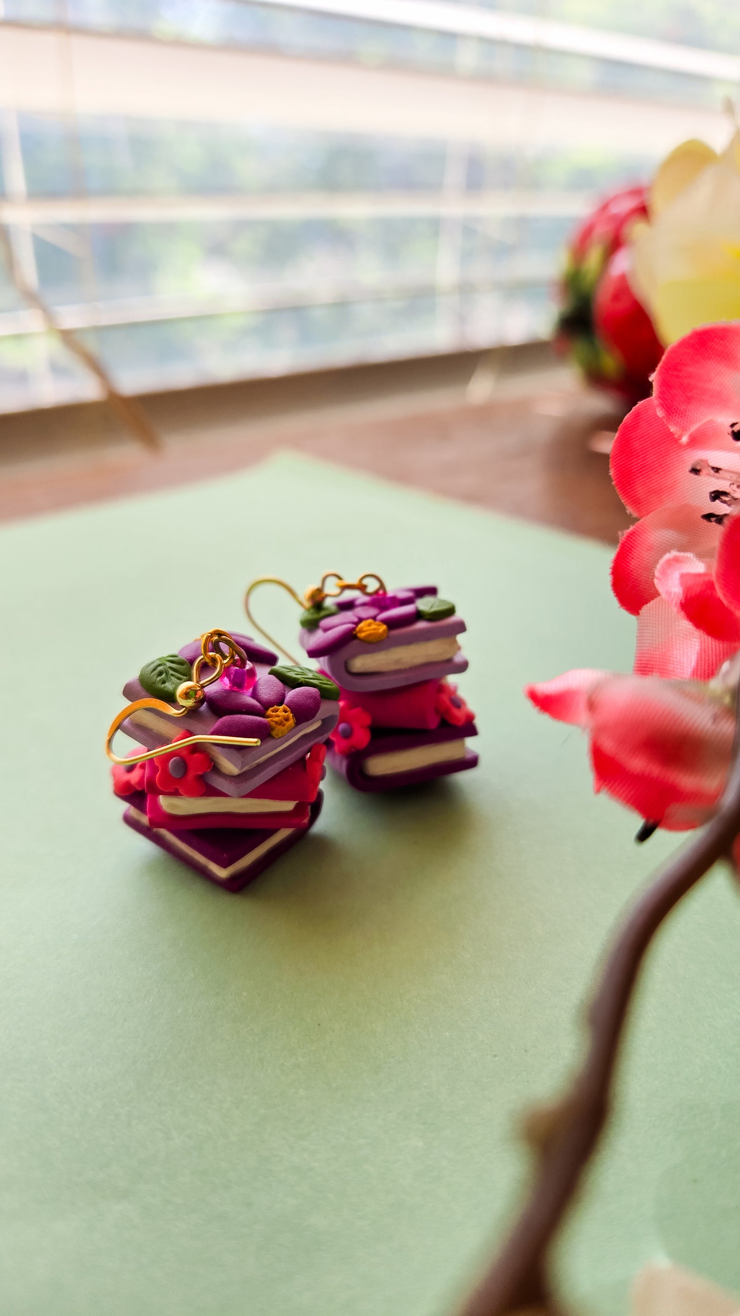 Handsculpted Floral Bookstack earrings with beads
