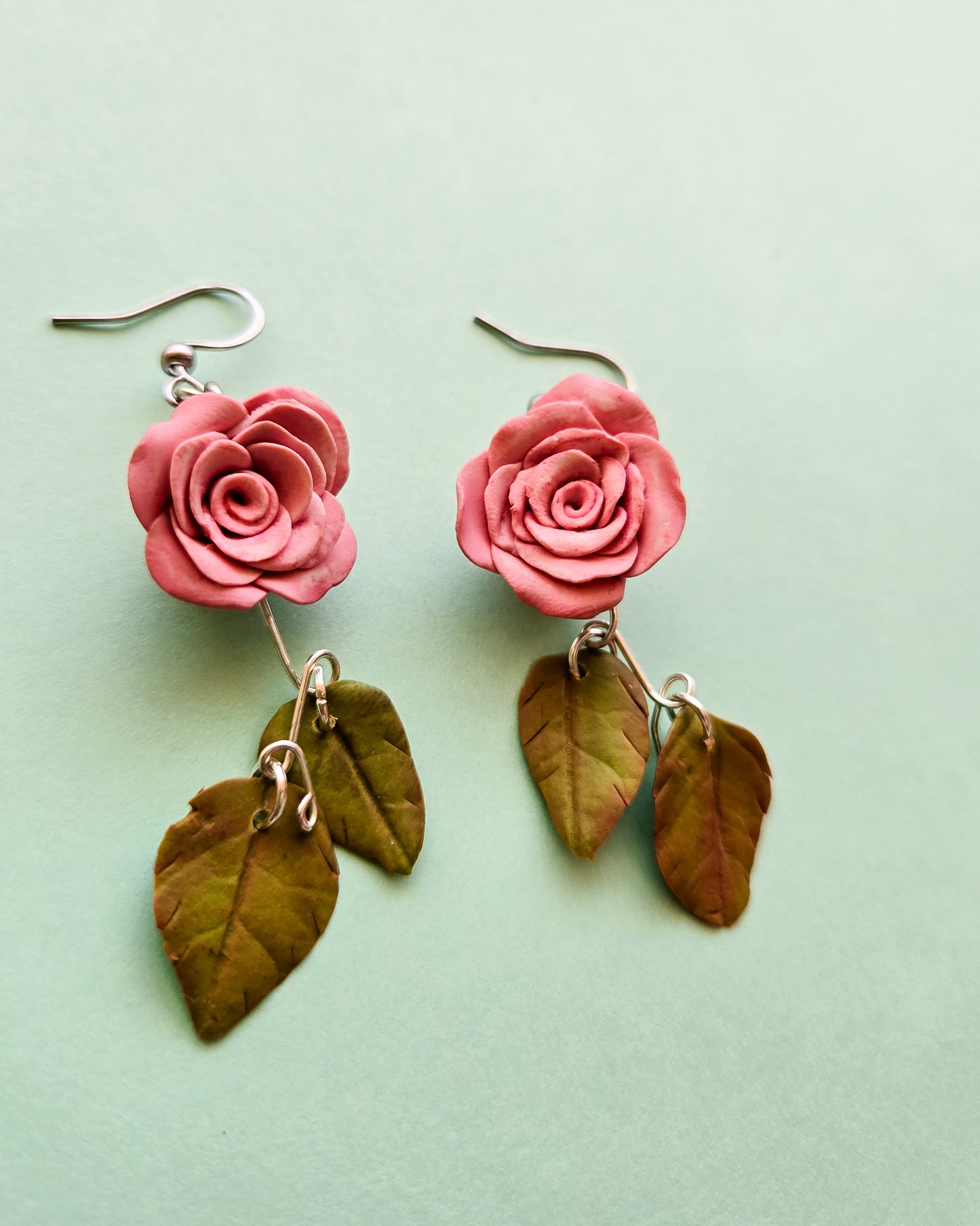 Handsculpted Rose Earrings, two colours available, red and pink
