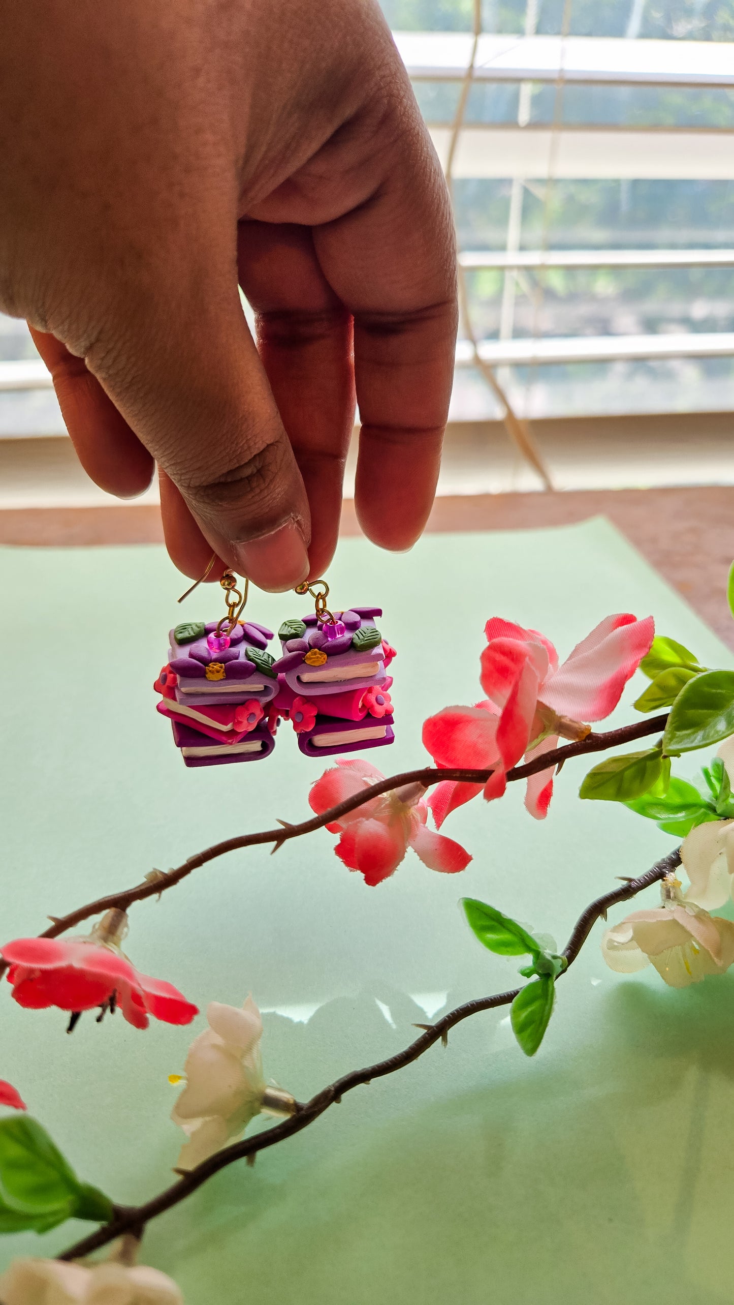 Handsculpted Floral Bookstack earrings with beads