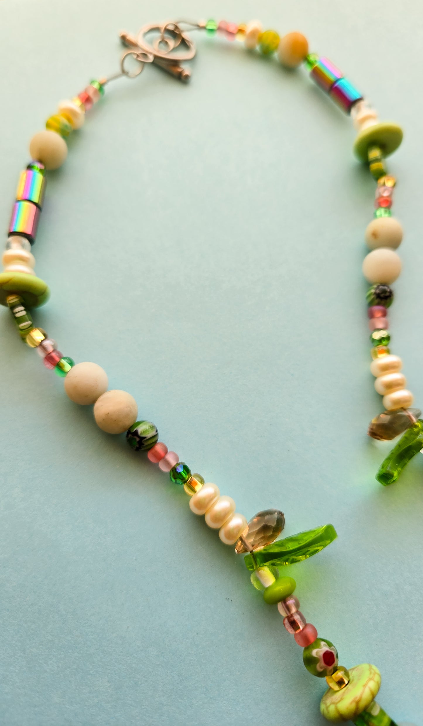 Pink and Green beaded necklace with handsculpted tulip pendant, wear it 2 ways (see pics)