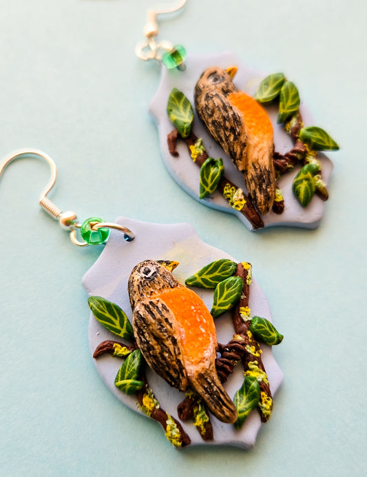Robin on a Tree Branch Earrings