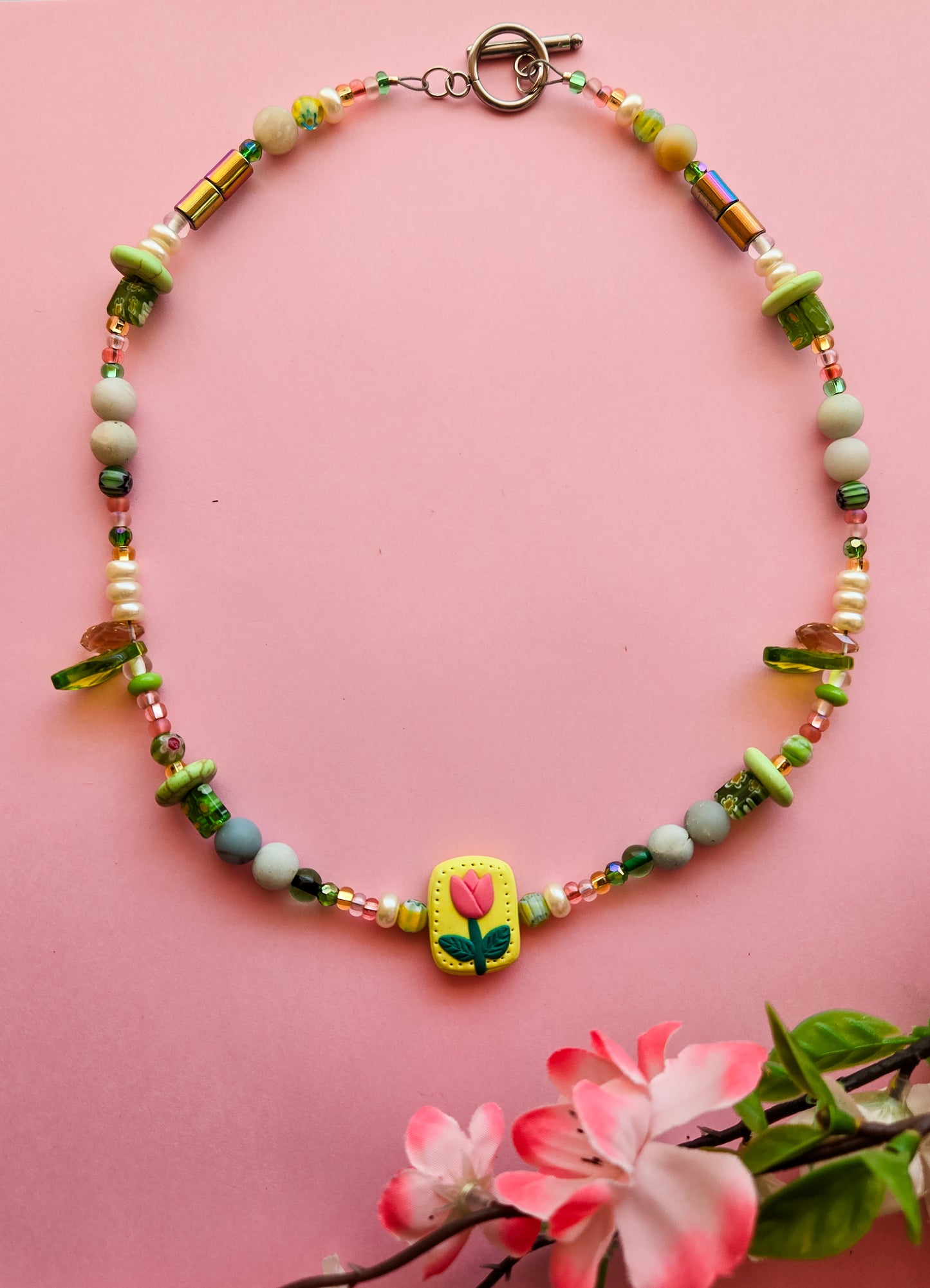 Pink and Green beaded necklace with handsculpted tulip pendant, wear it 2 ways (see pics)