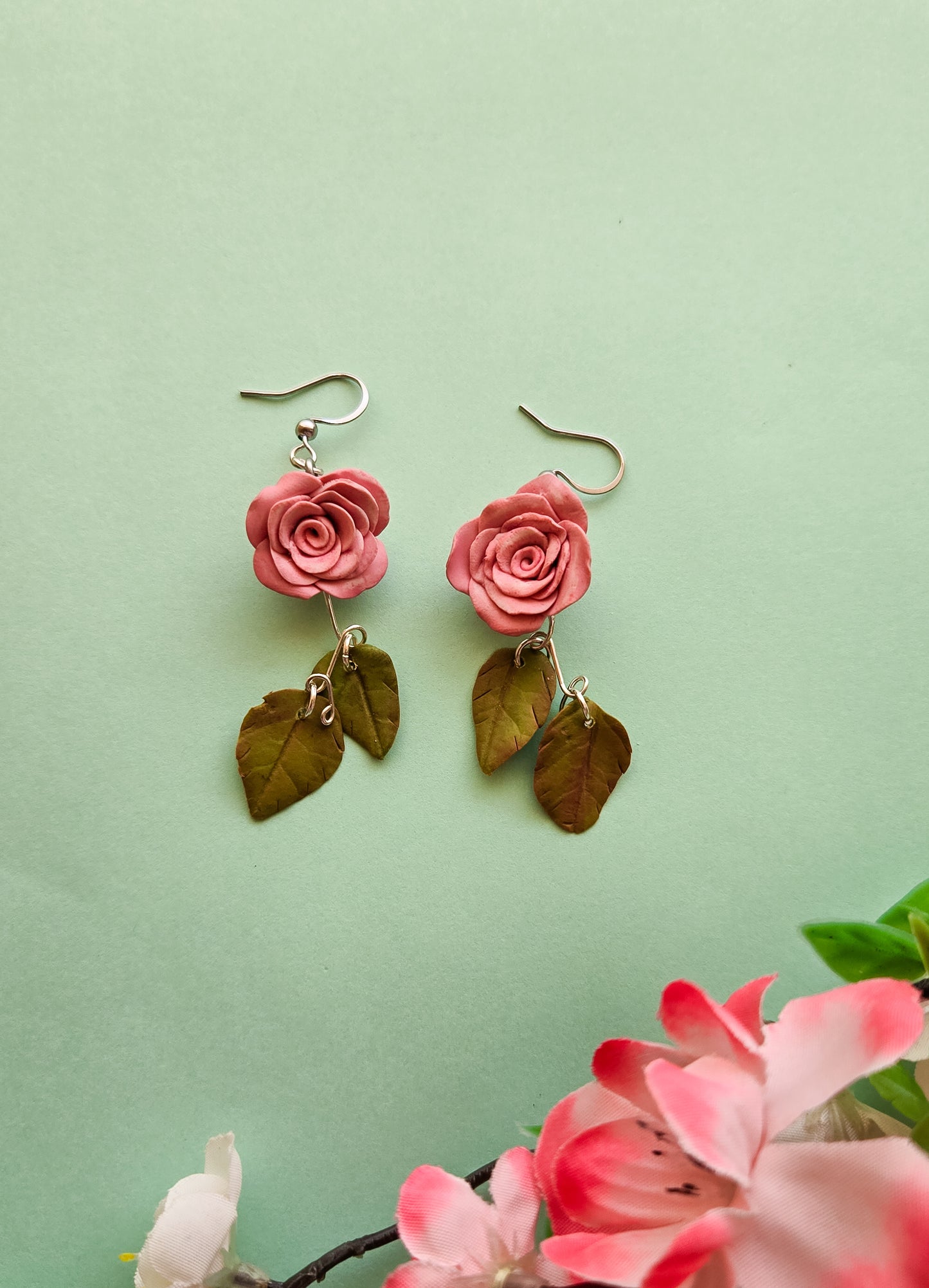 Handsculpted Rose Earrings, two colours available, red and pink