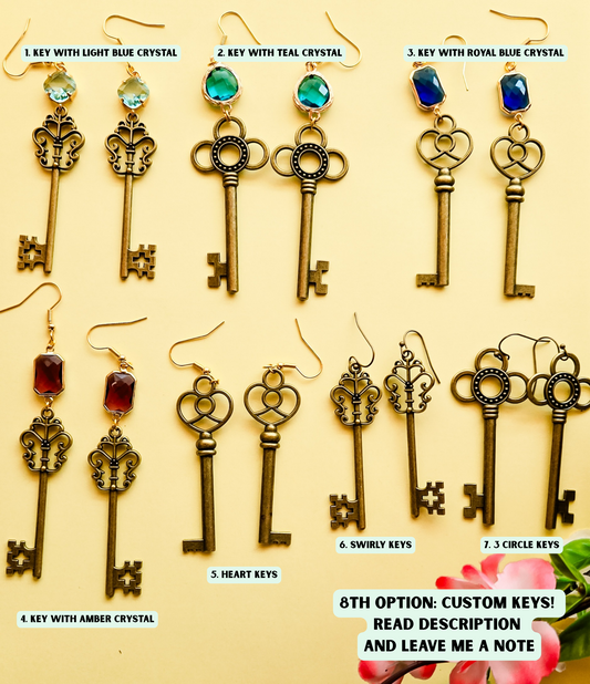 Secret Garden Key Earrings, antique bronze alloy keys, with stones and without