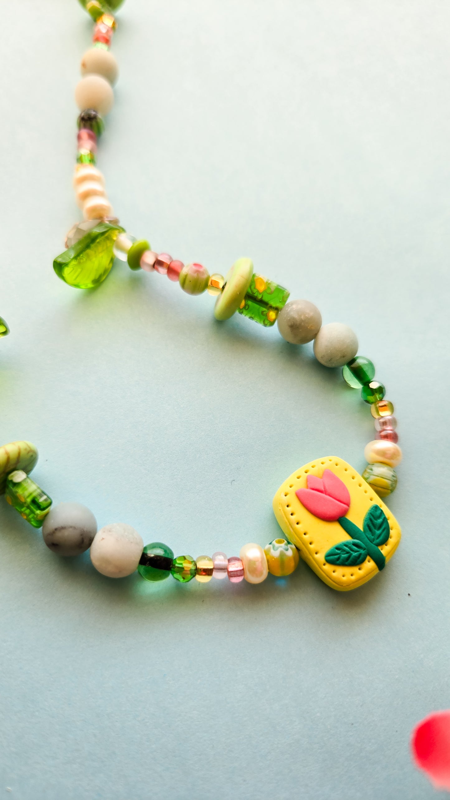 Pink and Green beaded necklace with handsculpted tulip pendant, wear it 2 ways (see pics)