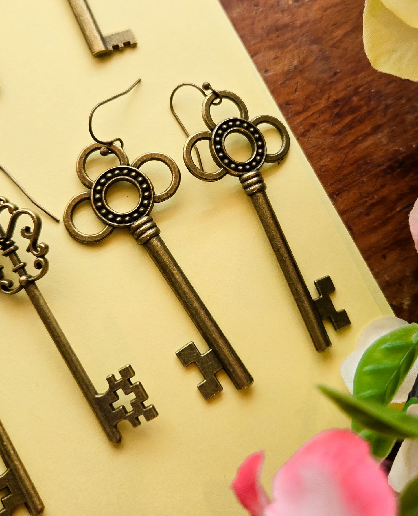 Secret Garden Key Earrings, antique bronze alloy keys, with stones and without